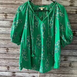 Knox Rose Women's Short-Sleeved Top Size L Green Paisley Linen Blend Tie